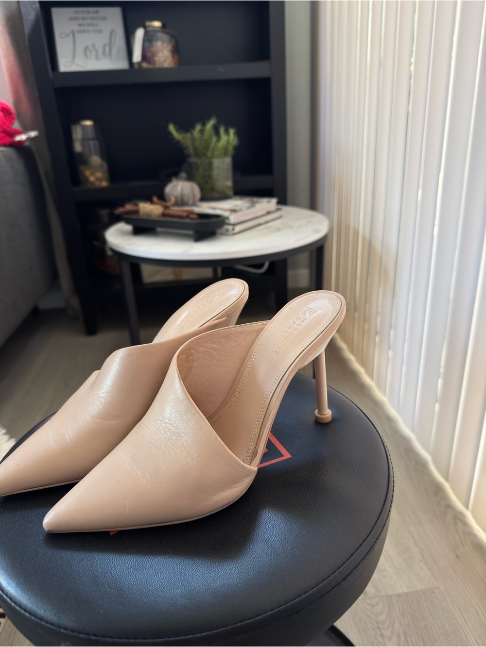 MERCEDES CASTILLO Blush Leather Pointed-Toe Mule Heels